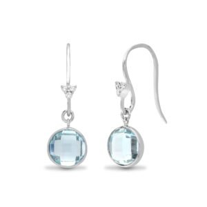 18E256 | 18ct White gold Natural Diamond 5pt and blue topaz 3.30ct earrings with a shepherds hook fixing.
