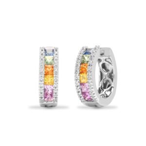 18E320 | 18ct White gold Natural Diamond 16pt and multi coloured sapphires 1.60ct huggie earrings with a hinge notched post fixing.