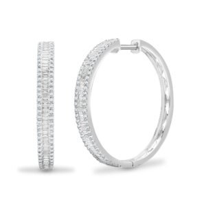 18E382 | 18ct White Gold 1.05ct Round & Baguette Natural Diamond Hoop Earrings
