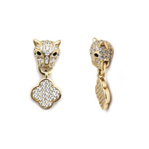 AES253-GP | 925 Silver 14ct Gold Plated Cz Set Panther Clover Stud Earrings Drops