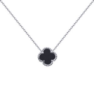 ANC098 | 925 Silver Rhodium Single Clover Necklace Black Onyx Colour