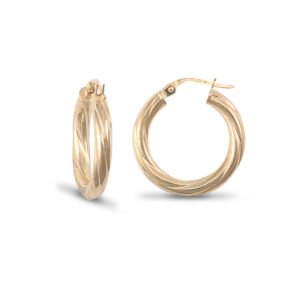 JER823B | 14ct yellow gold 3mm round-tube twisted creole Hoop Earrings