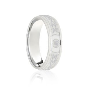 JWR200-P-5 | Platinum Flat Court 5mm Celtic Laser Engraved Wedding Band